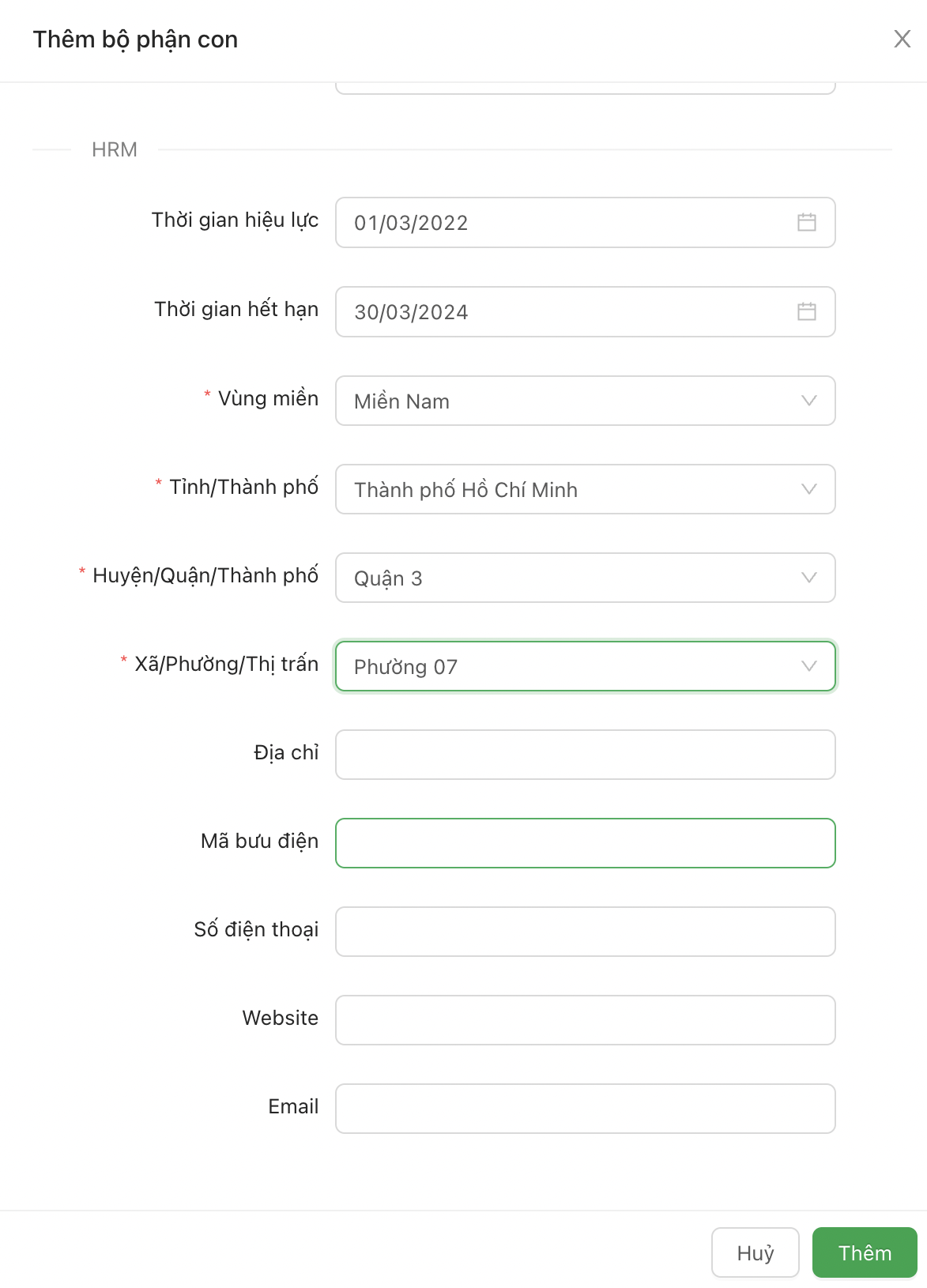 Màn hình thêm bộ phận>Thêm thông tin