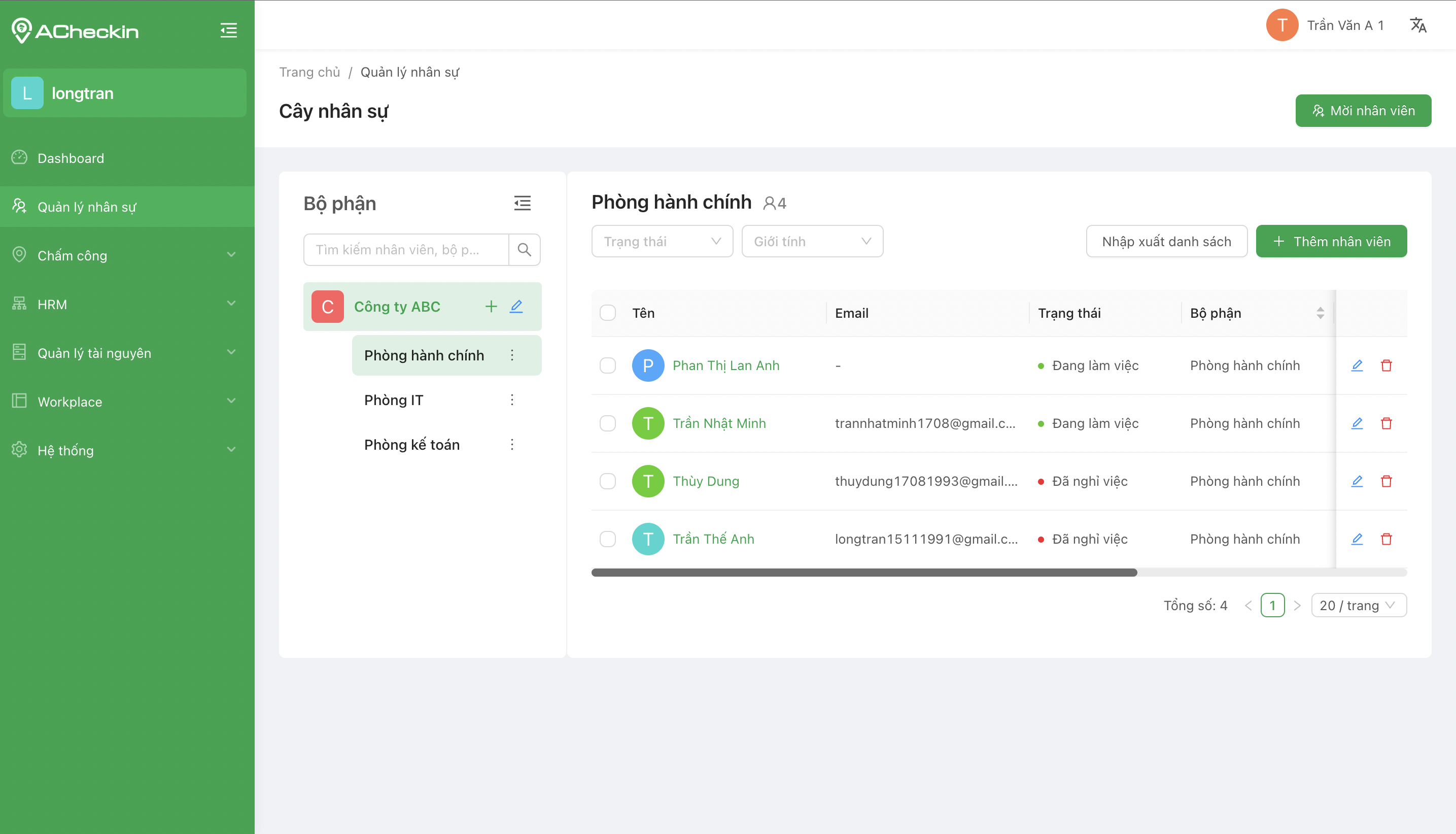 Màn hình quản lý nhân sự